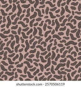 An abstract, organic design with irregular black shapes resembling blobs or bean forms, filled with tiny white dashed lines. Seamless pattern.