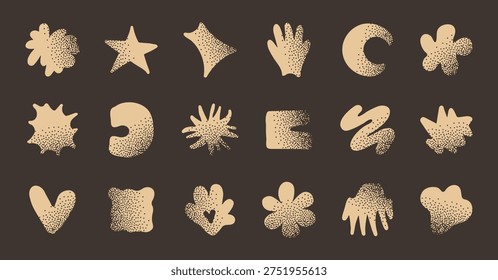 Abstract organic doodle shapes set with grainy texture. Minimalist hand drawn blob elements in contemporary vector style for modern graphic design.