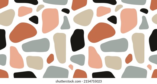 Abstract organic flat terrazzo shapes seamless pattern. Trendy colorful stone shape background design. Terrazo rock decoration wallpaper, artistic minimalist design.