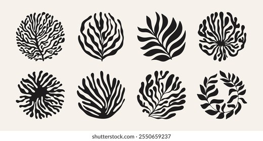 Abstract organic flower elements. Modern floral coral shapes with wavy curves and groovy outlines, naive art spring blossom decor. Vector set