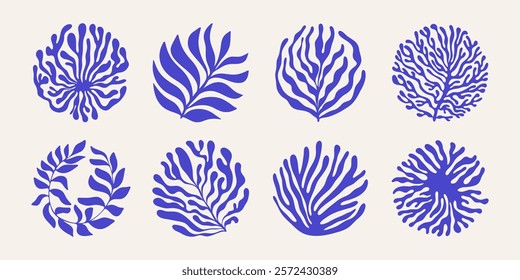 Abstract organic flower elements. Modern floral coral shapes with wavy curves and groovy outlines, naive art spring blossom decor. Vector set
