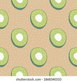 Abstract organic food seamless pattern with kiwi slices. Beige dotted background. Healthy vegetarian backdrop. Designed for fabric design, textile print, wrapping, cover. Vector illustration.
