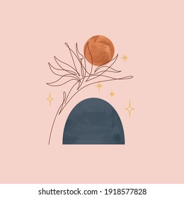 Abstract organic geo watercolor shapes and tropical flower one line art in gypsy, boho, esoteric style. Hand drawn illustration in trendy earth tones, terracotta colors for modern minimalist art print