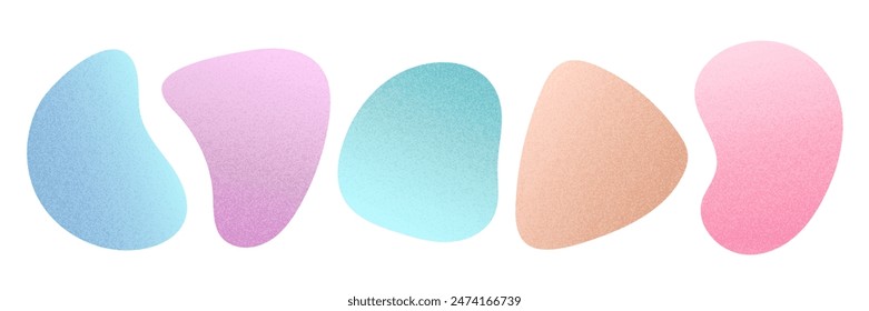 Abstract organic geometric shapes set. Modern blob spot blot with grain gradient texture. Modern simple illustration. Textured Liquid splash in pastel colors design element