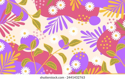 Abstract organic with hand drawn florals colorful background. Aesthetic background with copy spaces.