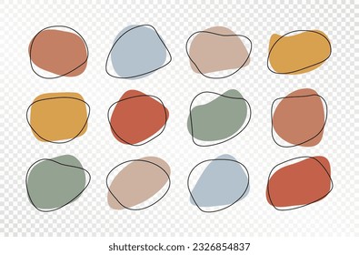 Abstract organic irregular shapes. Amoeba blob figures with line frame, doodle drops on transparent background. Vector set