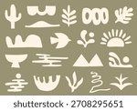 Abstract organic landscape elements including sun mountains cactus and bird shapes on sage green background for collage art