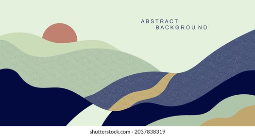 Abstract organic landscape. Horizontal background with mountain, hill, path and sun. Template for website, poster and printing on fabric. Cartoon flat vector illustration isolated on light background