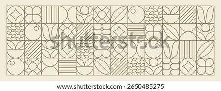 Abstract organic leaf geometric outline tiles editable stroke design. Eco mosaic vector illustration collection.
