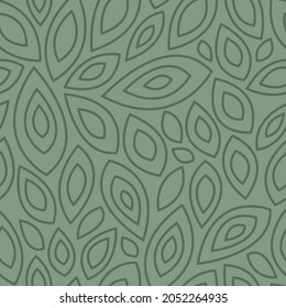 Abstract organic leaf seamless vector pattern. Outlined leaves on an earthy sage green background. Stylized, subtle, wallpaper backdrop texture art print. 