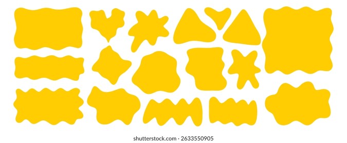 Abstract organic liquid shapes. Irregular fluid flat shapes. Random wavy oval spots and curvy elements. Smooth rectangle box set. Vector illustration