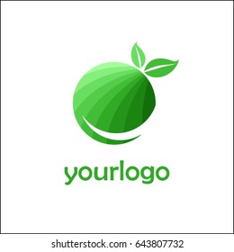 abstract organic market logo. Eco green food brand identity. Fresh apple with letters in a circle with leaves.