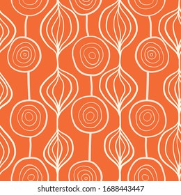 Abstract organic ornamental vertical floral vector pattern. Contemporary white and orange mod art organic repeating shapes background. Modern Scandinavian style backdrop hand drawn lines. 