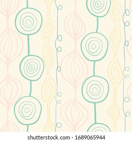 Abstract organic ornamental vertical vector pattern. Contemporary teal pink yellow mod art repeating floral shapes background. Modern Scandinavian style backdrop hand drawn lines. 