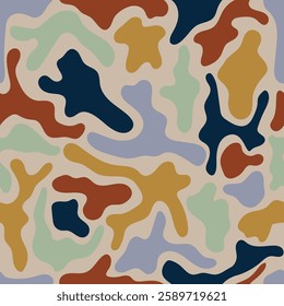 An abstract organic pattern with fluid, amoeba-like shapes in earthy tones of mustard, navy, rust, sage, and beige, creating a modern, retro aesthetic