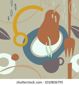 Abstract organic Pattern with fruits, plate, spoon, fork and cup of coffee . Artistic seamless background. Ready design ideas for for poster, trendy card, invitation, placard, brochure, flyer, present