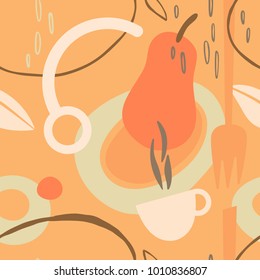 Abstract organic Pattern with fruits, plate, spoon, fork and cup of coffee . Artistic seamless background. Ready design ideas for for poster, trendy card, invitation, placard, brochure, flyer, present
