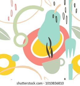Abstract organic Pattern with fruits, plate, spoon, fork and cup of coffee . Artistic seamless background. Ready design ideas for for poster, trendy card, invitation, placard, brochure, flyer, present