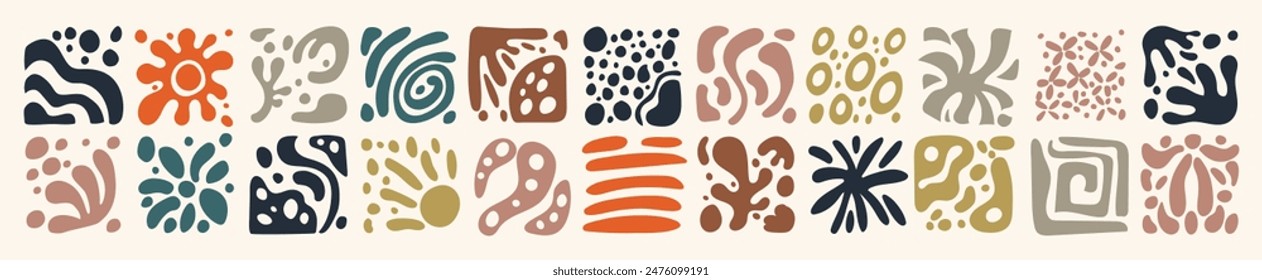Abstraktes organisches Muster. Paint-Pinsel-Formen. Linienstruktur. In: Floral Boho Graphic Dots. Moderne Farbblätter. Silhouetten-Flecken. Strichdruckdesign. Einfache flache Elementgruppe Vektorgrafik aufgeräumter Kunsthintergrund