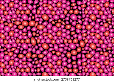 Abstract organic pebble pattern background with vibrant pink and red gradient stones on black backdrop.
