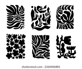 Abstract organic plant shapes set. Contemporary Matisse leaves, black and white flowers. Hand drawn botanical leaf in rectangle shapes. Vector illustration. Modern art gallery floral collection.