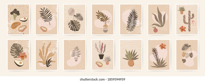 Abstract organic posters. Fluid organic shapes, neutral natural colors. Trendy contemporary collage artistic prints. Mid Century Modern design. Plant abstraction posters.Grungy textures. EPS10 vector