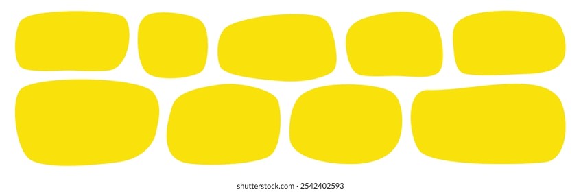 Formas Abstractas de rectángulo orgánico. Cajas de marco desiguales. Conjunto de manchas irregulares. Conjunto de Anuncio de línea de fluido amarillo. Elementos de diseño Amoeba. Salpicaduras dibujadas a mano de la línea de Forma libre. Abstractas burbujas de discurso geométricas