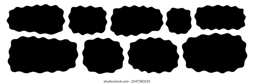 Abstract organic rectangle shapes. Wavy frame boxes. Irregular wave blob set. Black fluid line banner set. Amoeba design elements. Curvy line hand drawn splashes. Abstract geometric flat speech bubble