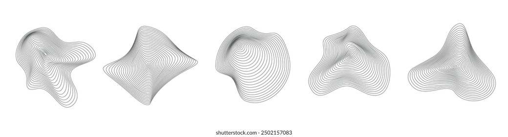 Abstract organic ripple line shape pattern vector set. Topography circles. Liquid irregular rings. Fluid geometric shapes. Dynamic wavy black forms isolated on white background. Graphic flow elements