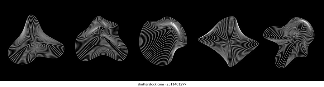 Conjunto de Vector de patrón de forma de línea de ondulación orgánica Abstractas. Círculos de topografía. Anillos irregulares líquidos. Formas geométricas fluidas. Formas blancas onduladas dinámicas aisladas sobre fondo negro. Elementos de flujo gráfico.