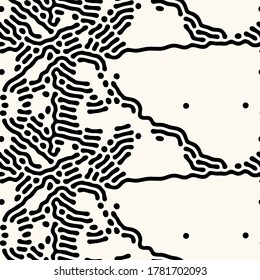 Abstract organic seamless pattern with distorted lines and dots in monochrome. Background of repeatable rounded shapes inspired by nature, natural maze texture