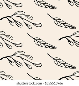 Abstract organic seamless pattern with hand drawn leaves and sprigs on beige background. Cute trendy backgrounds in minimalist Scandinavian style. Vector illustration.