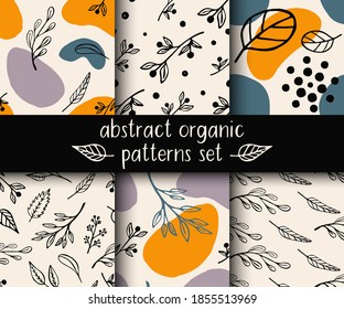 Abstract organic seamless patterns set with leaves, sprigs and abstract shapes. Cute trendy vegetal backgrounds in Scandinavian style in beige, orange, green and lilac colors. Vector illustration.