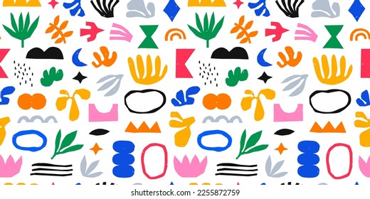 Abstract organic shape art seamless pattern with colorful geometric doodles. Flat cartoon background, simple random shapes texture print. Bright summer nature drawing wallpaper. 