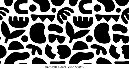 Abstract organic shape art seamless pattern with geometric doodles. Black and white cartoon background, simple random shapes texture print. Bright summer nature drawing wallpaper.