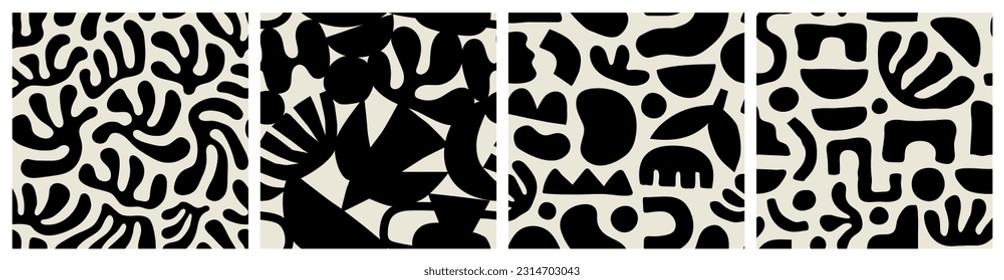 Abstract organic shape art seamless pattern with geometric doodles. Black and white cartoon background, simple random shapes texture print. Bright summer nature drawing wallpaper.