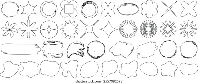 Abstract organic shape, badge, starburst, blob, grunge texture, outlined symbols