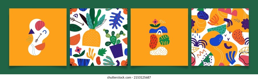 Abstract organic shape drawing seamless pattern set with colorful summer doodles. Trendy flat cartoon background collection, funny cartoon shapes in childish art style. 