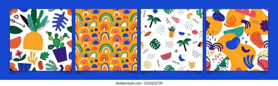 Abstract organic shape drawing seamless pattern set with colorful summer doodles. Trendy flat cartoon background collection, funny cartoon shapes in childish art style. 