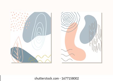Abstract organic shape and hand draw line background set in pastel colors. Modern collage for posters, social media stories. Vector illustration in trendy style abstract design with space for text.