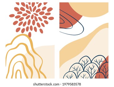 Abstract organic shape and hand draw line background set in pastel colors. Modern collage for posters, social media stories. Vector illustration in trendy style abstract design with space for text.