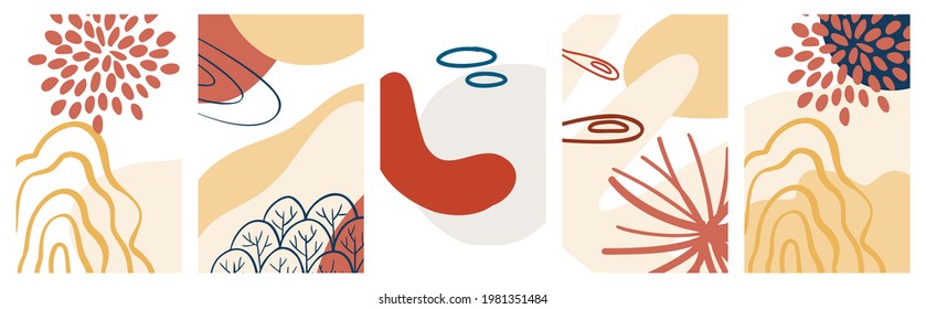 Abstract organic shape and hand draw line background set in pastel colors. Modern collage for posters, social media stories. Vector illustration in trendy style abstract design with space for text.