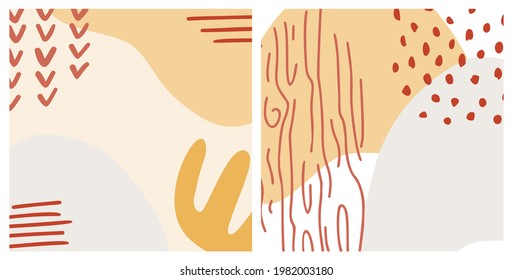 Resumen de forma orgánica y fondo de línea de tracción manual en colores pastel. Collage moderno para afiches, historias en medios sociales. Ilustración vectorial en diseño abstracto de estilo moderno con espacio para texto.