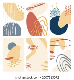 Resumen de forma orgánica y fondo de línea de tracción manual en colores pastel. Collage moderno para afiches, historias en medios sociales. Ilustración vectorial en diseño abstracto de estilo moderno con espacio para texto
