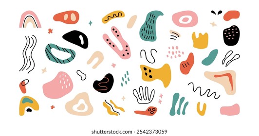 Abstract organic shape, modern doodle icon, cartoon contemporary set. Decoration blob, cute scribble on white background. Graphic sketch texture hand drawn. Creative vector illustration