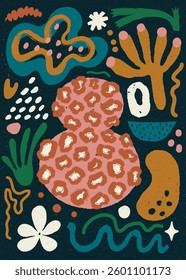 Abstract organic shape poster with naive geometric doodles in natural colors.