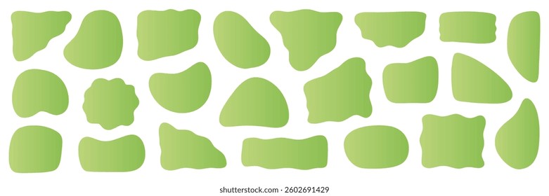 Abstract organic shape round form set. Green color liquid organic blob curve shape figure. Abstract liquid bubble, wavy different form. Soft round oval pattern background. Vector illustration
