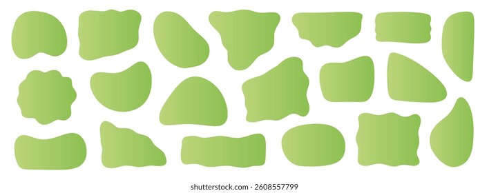 Abstract organic shape round form set. Green color liquid organic blob curve shape figure. Abstract liquid bubble, wavy different form. Soft round oval pattern background. Vector illustration