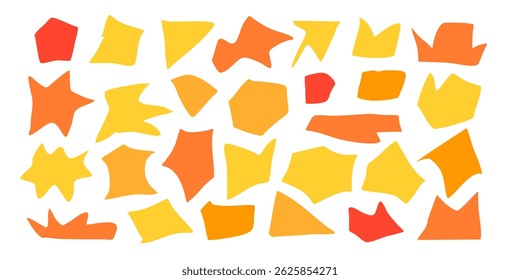 Abstract organic shape round form set. Liquid organic blob curve shape figure. Abstract liquid bubble, different form.red, yellow and orange sharp round oval pattern background. Vector illustration 