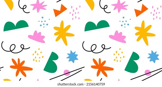 Abstract Organic Shape Seamless Pattern With Colorful Geometric Doodles. Flat Cartoon Background, Simple Random Shapes In Bright Childish Colors. 